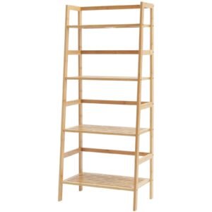 4 tier bamboo ladder shelf, trapezoid open bookcase, display storage rack organizer, freestanding flower plant stand, ladder bookshelf ideal for bathroom, bedroom, office, study, natural