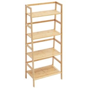 4 tier bamboo ladder shelf, trapezoid open bookcase, display storage rack organizer, freestanding flower plant stand, ladder bookshelf ideal for bathroom, bedroom, office, study, natural