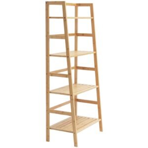 4 tier bamboo ladder shelf, trapezoid open bookcase, display storage rack organizer, freestanding flower plant stand, ladder bookshelf ideal for bathroom, bedroom, office, study, natural