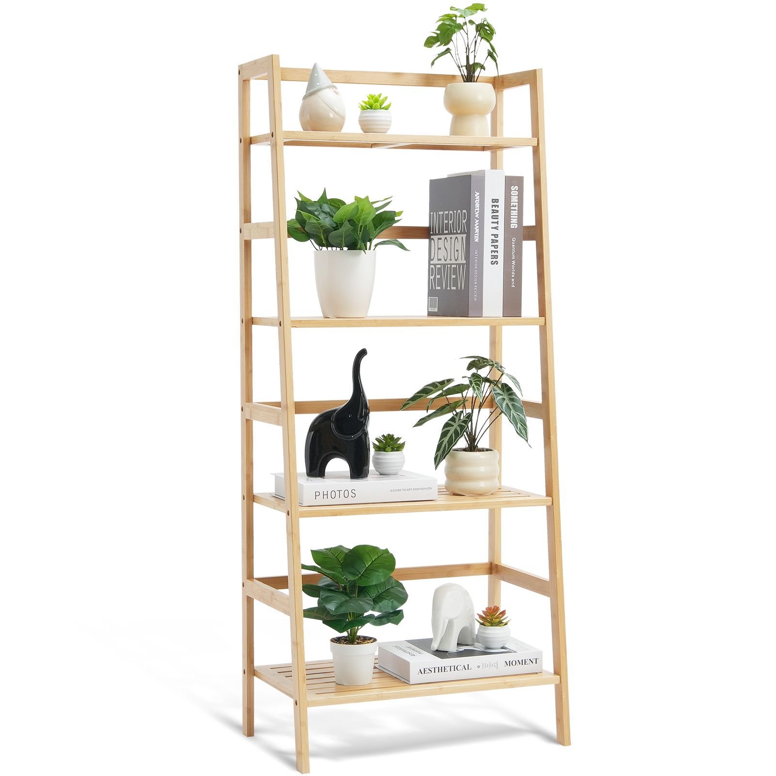4 tier bamboo ladder shelf, trapezoid open bookcase, display storage rack organizer, freestanding flower plant stand, ladder bookshelf ideal for bathroom, bedroom, office, study, natural