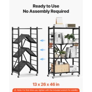 4 tier foldable storage shelf, 26w x 13d x 46h inch folding metal rack shelving unit, no assembly organizer shelf with 5 wheels & 4 hooks for pantry, kitchen, garage, basement, black