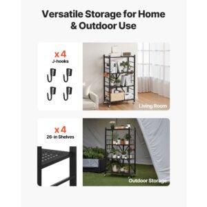 4 tier foldable storage shelf, 26w x 13d x 46h inch folding metal rack shelving unit, no assembly organizer shelf with 5 wheels & 4 hooks for pantry, kitchen, garage, basement, black