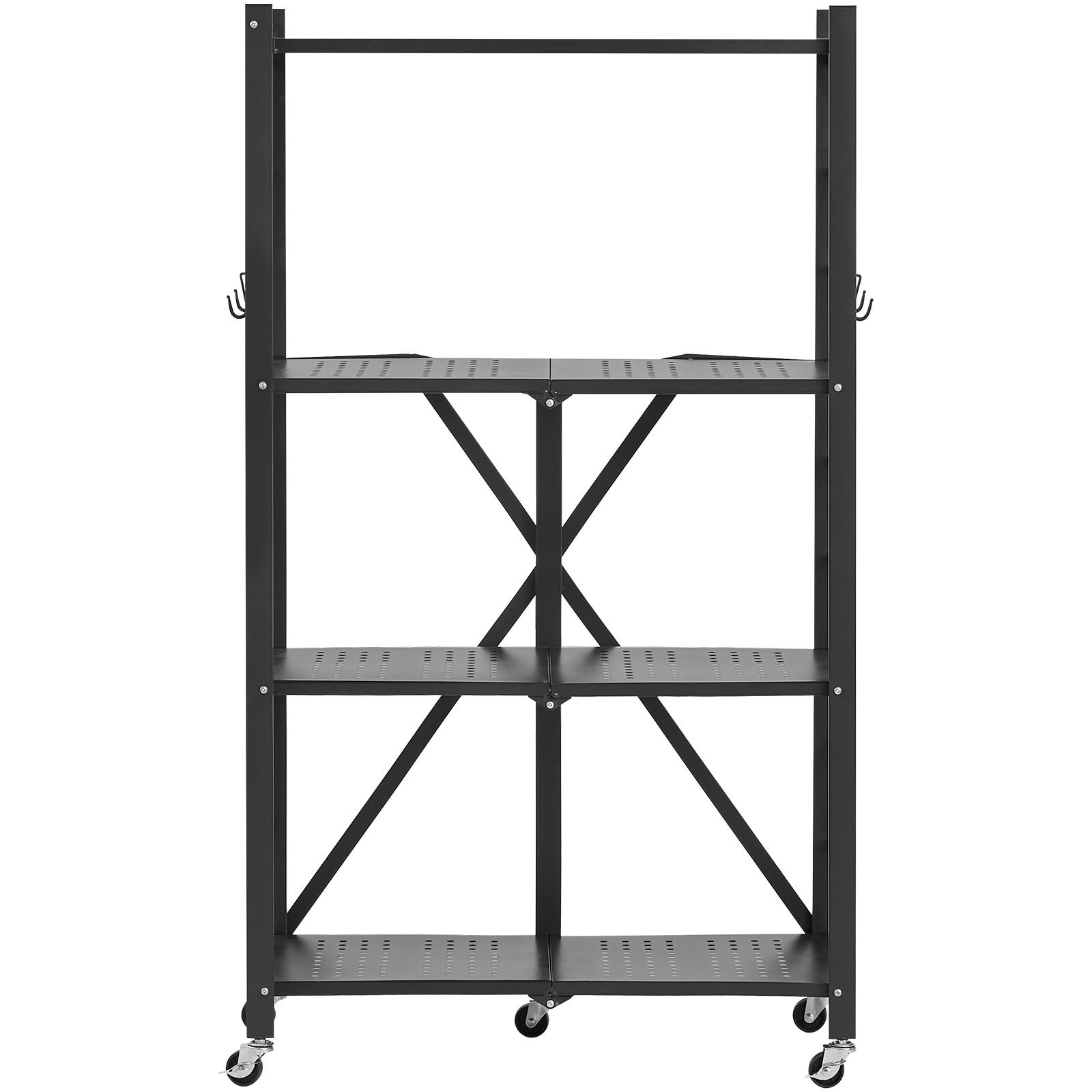 4 tier foldable storage shelf, 26w x 13d x 46h inch folding metal rack shelving unit, no assembly organizer shelf with 5 wheels & 4 hooks for pantry, kitchen, garage, basement, black