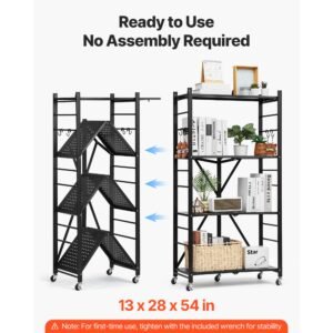 4 tier foldable storage shelf, 28w x 13d x 54h inch folding metal rack shelving unit, no assembly organizer shelf with 5 wheels & 4 hooks for pantry, kitchen, garage, basement, black