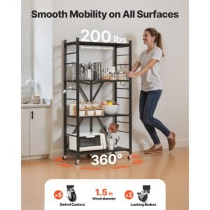 4 tier foldable storage shelf, 28w x 13d x 54h inch folding metal rack shelving unit, no assembly organizer shelf with 5 wheels & 4 hooks for pantry, kitchen, garage, basement, black