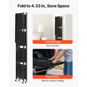 4 tier foldable storage shelf, 28w x 13d x 54h inch folding metal rack shelving unit, no assembly organizer shelf with 5 wheels & 4 hooks for pantry, kitchen, garage, basement, black