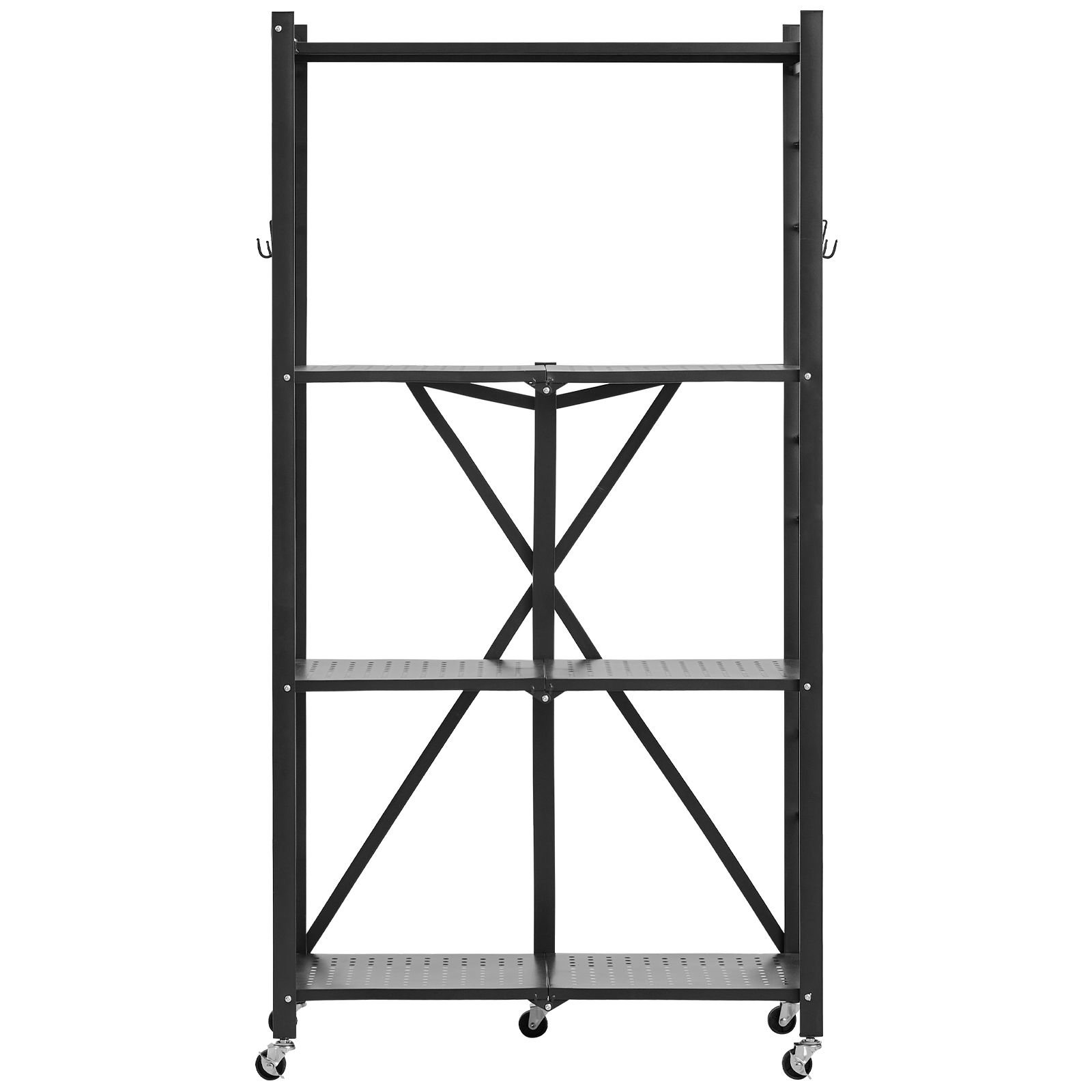 4 tier foldable storage shelf, 28w x 13d x 54h inch folding metal rack shelving unit, no assembly organizer shelf with 5 wheels & 4 hooks for pantry, kitchen, garage, basement, black