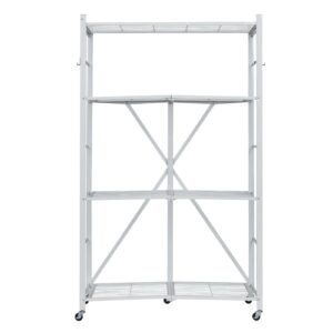 4-Tier Foldable Storage Shelf, 36W x 21D x 60 H Inch Folding Metal Rack Shelving Unit, No Assembly Organizer Shelf with 5 Wheels & 4 Hooks for Pantry, Kitchen, Garage, Basement, White