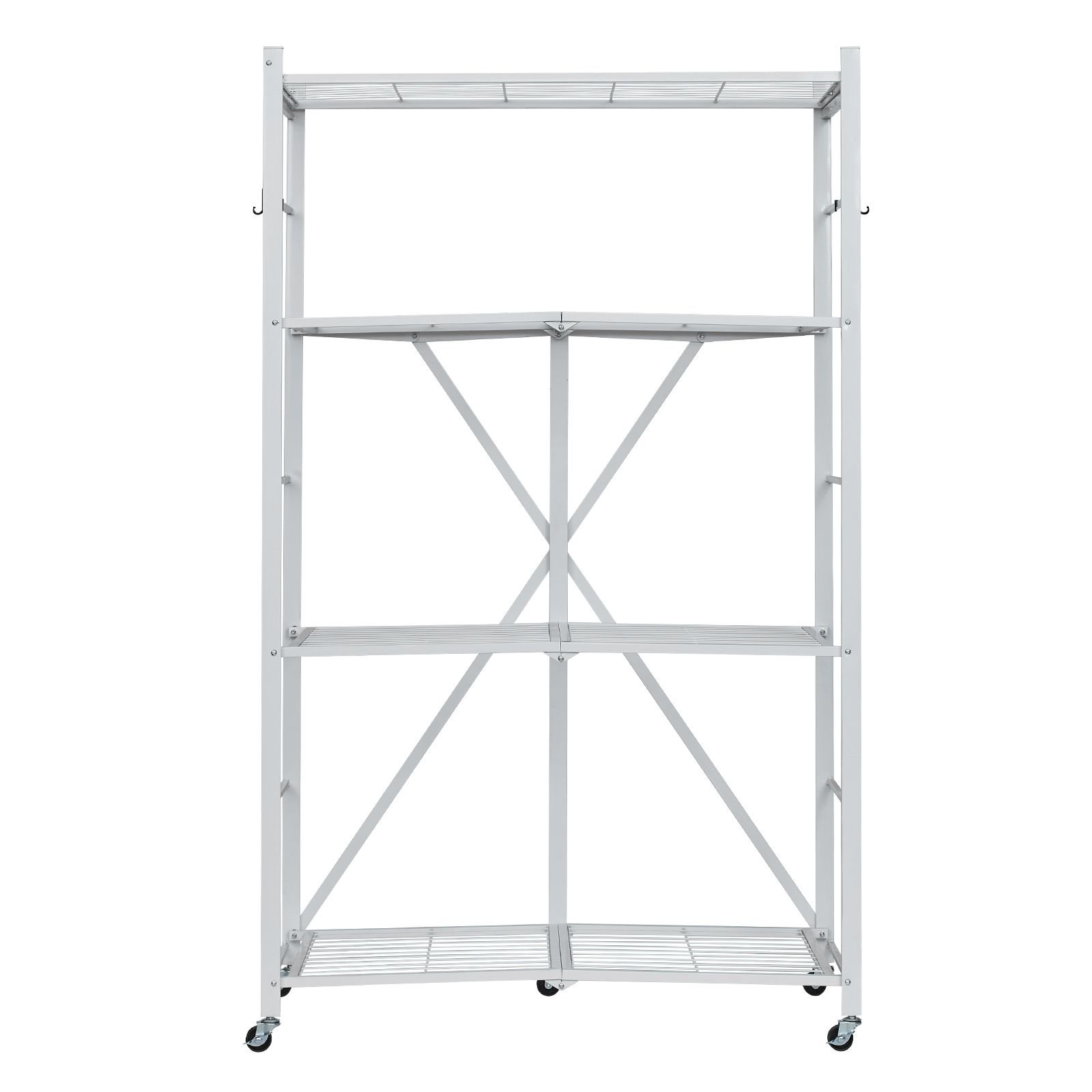 4 tier foldable storage shelf, 36w x 21d x 60 h inch folding metal rack shelving unit, no assembly organizer shelf with 5 wheels & 4 hooks for pantry, kitchen, garage, basement, white