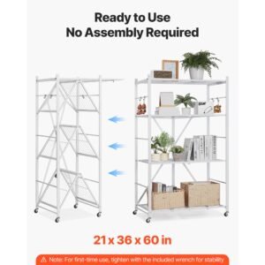 4 tier foldable storage shelf, 36w x 21d x 60 h inch folding metal rack shelving unit, no assembly organizer shelf with 5 wheels & 4 hooks for pantry, kitchen, garage, basement, white
