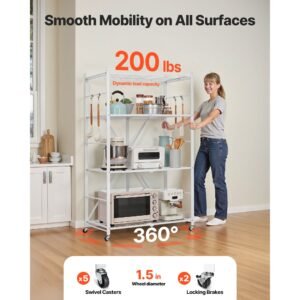 4 tier foldable storage shelf, 36w x 21d x 60 h inch folding metal rack shelving unit, no assembly organizer shelf with 5 wheels & 4 hooks for pantry, kitchen, garage, basement, white