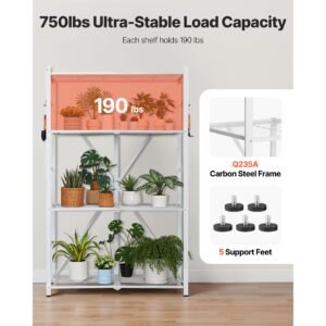 4 tier foldable storage shelf, 36w x 21d x 60 h inch folding metal rack shelving unit, no assembly organizer shelf with 5 wheels & 4 hooks for pantry, kitchen, garage, basement, white