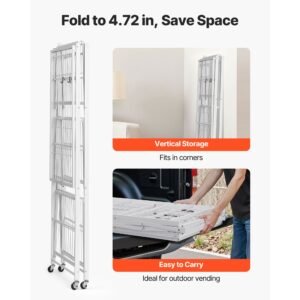 4 tier foldable storage shelf, 36w x 21d x 60 h inch folding metal rack shelving unit, no assembly organizer shelf with 5 wheels & 4 hooks for pantry, kitchen, garage, basement, white