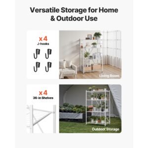 4 tier foldable storage shelf, 36w x 21d x 60 h inch folding metal rack shelving unit, no assembly organizer shelf with 5 wheels & 4 hooks for pantry, kitchen, garage, basement, white