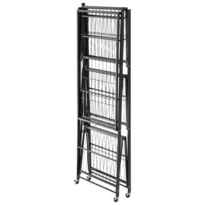 4 tier foldable storage shelf, 36w x 21d x 60h inch folding metal rack shelving unit, no assembly organizer shelf with 5 wheels & 4 hooks for pantry, kitchen, garage, basement, black