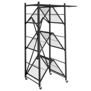 4 tier foldable storage shelf, 36w x 21d x 60h inch folding metal rack shelving unit, no assembly organizer shelf with 5 wheels & 4 hooks for pantry, kitchen, garage, basement, black