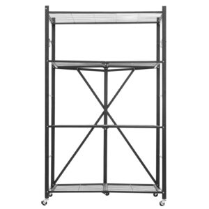 4-Tier Foldable Storage Shelf, 36W x 21D x 60H Inch Folding Metal Rack Shelving Unit, No Assembly Organizer Shelf with 5 Wheels & 4 Hooks for Pantry, Kitchen, Garage, Basement, Black