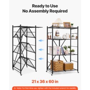 4 tier foldable storage shelf, 36w x 21d x 60h inch folding metal rack shelving unit, no assembly organizer shelf with 5 wheels & 4 hooks for pantry, kitchen, garage, basement, black