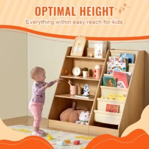 4 tier kids wooden bookshelf, six layer sling bookcase, baby storage book rack, book toy organizer cabinet, for kids room, playroom, kindergarten, nursery