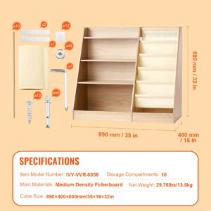 4 tier kids wooden bookshelf, six layer sling bookcase, baby storage book rack, book toy organizer cabinet, for kids room, playroom, kindergarten, nursery