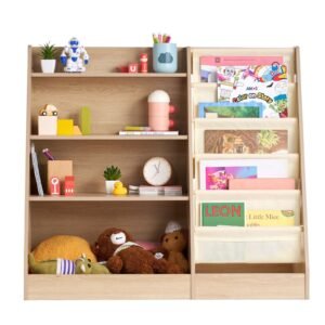 4 tier kids wooden bookshelf, six layer sling bookcase, baby storage book rack, book toy organizer cabinet, for kids room, playroom, kindergarten, nursery