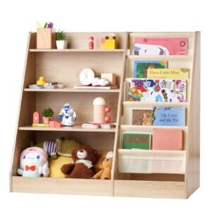 4 tier kids wooden bookshelf, six layer sling bookcase, baby storage book rack, book toy organizer cabinet, for kids room, playroom, kindergarten, nursery