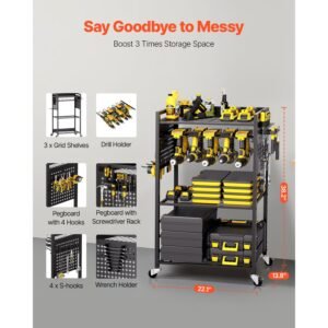 4 tier tool organizer cart, 150 lbs load capacity, floor stand rolling drill holder and stability storage rack, heavy duty garage floor rolling storage cart for workshop, garage, black