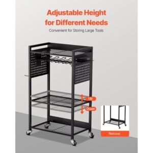 4 tier tool organizer cart, 150 lbs load capacity, floor stand rolling drill holder and stability storage rack, heavy duty garage floor rolling storage cart for workshop, garage, black