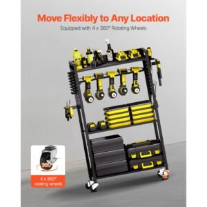 4 tier tool organizer cart, 150 lbs load capacity, floor stand rolling drill holder and stability storage rack, heavy duty garage floor rolling storage cart for workshop, garage, black