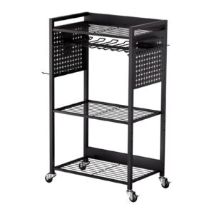 4-tier Tool Organizer Cart, 150 lbs Load Capacity, Floor Stand Rolling Drill Holder and Stability Storage Rack, Heavy Duty Garage Floor Rolling Storage Cart for Workshop, Garage, Black