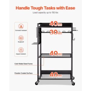 4 tier tool organizer cart, 150 lbs load capacity, floor stand rolling drill holder and stability storage rack, heavy duty garage floor rolling storage cart for workshop, garage, black