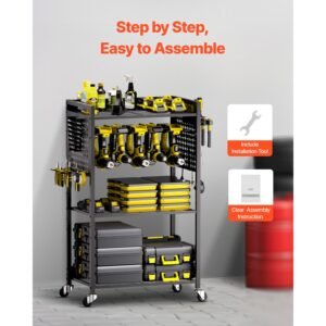 4 tier tool organizer cart, 150 lbs load capacity, floor stand rolling drill holder and stability storage rack, heavy duty garage floor rolling storage cart for workshop, garage, black
