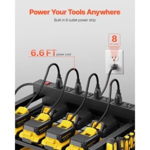 4 tier tool organizer cart with charging station, 8 ac outlet, floor stand rolling drill holder and tool battery storage rack on wheels, garage floor rolling storage cart for workshop, garage