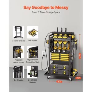 4 tier tool organizer cart with charging station, 8 ac outlet, floor stand rolling drill holder and tool battery storage rack on wheels, garage floor rolling storage cart for workshop, garage