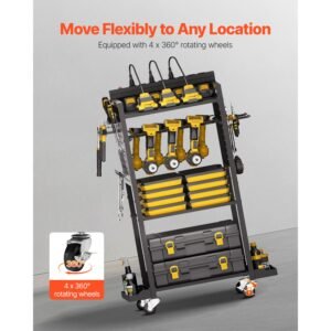 4 tier tool organizer cart with charging station, 8 ac outlet, floor stand rolling drill holder and tool battery storage rack on wheels, garage floor rolling storage cart for workshop, garage