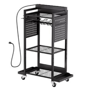 4-tier Tool Organizer Cart with Charging Station, 8 AC Outlet, Floor Stand Rolling Drill Holder and Tool Battery Storage Rack on Wheels, Garage Floor Rolling Storage Cart for Workshop, Garage