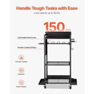 4 tier tool organizer cart with charging station, 8 ac outlet, floor stand rolling drill holder and tool battery storage rack on wheels, garage floor rolling storage cart for workshop, garage