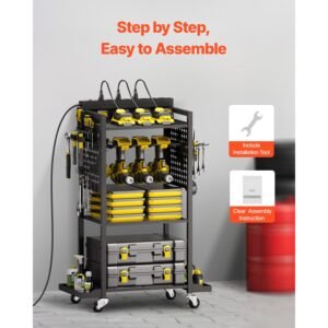 4 tier tool organizer cart with charging station, 8 ac outlet, floor stand rolling drill holder and tool battery storage rack on wheels, garage floor rolling storage cart for workshop, garage
