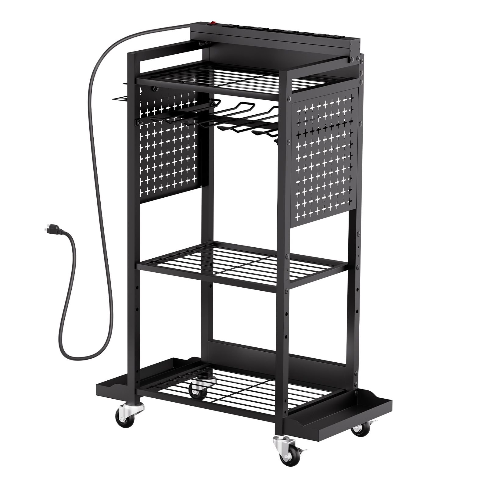 4 tier tool organizer cart with charging station, 8 ac outlet, floor stand rolling drill holder and tool battery storage rack on wheels, garage floor rolling storage cart for workshop, garage