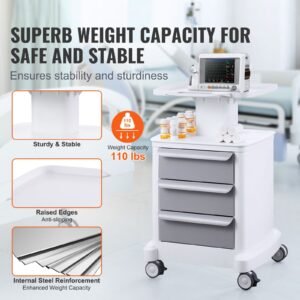 4 tiers lab carts, lab utility cart with 3 drawers & 1 top tray, mobile medical cart with abs material, lab rolling cart with 4 silent wheels for lab, clinic, hospital, salon, white