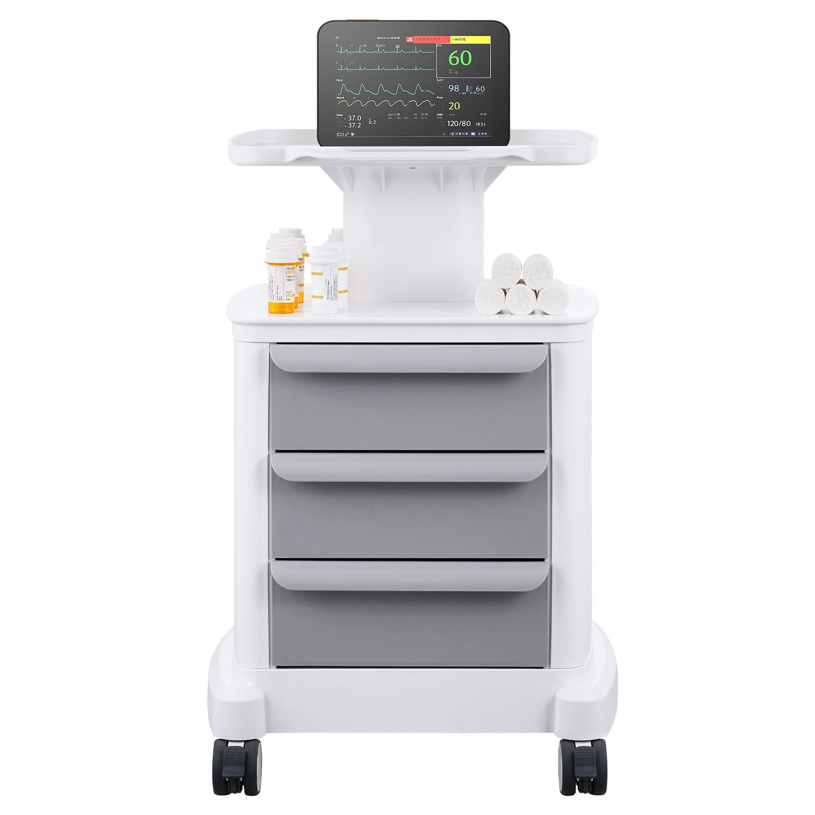4 tiers lab carts, lab utility cart with 3 drawers & 1 top tray, mobile medical cart with abs material, lab rolling cart with 4 silent wheels for lab, clinic, hospital, salon, white
