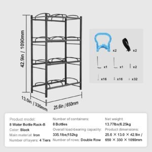 4 tiers water jug holder, 5 gallon water bottle holder, double row water bottle rack for 8 bottles, heavy duty water jug rack for kitchen, office, living room, black