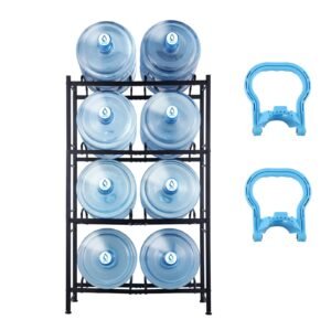 4 Tiers Water Jug Holder, 5 Gallon Water Bottle Holder, Double Row Water Bottle Rack for 8 Bottles, Heavy Duty Water Jug Rack for Kitchen, Office, Living Room, Black