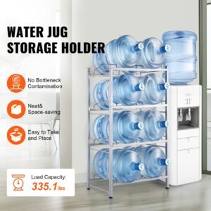 4 tiers water jug holder, 5 gallon water bottle holder, double row water bottle rack for 8 bottles, heavy duty water jug rack for kitchen, office, living room, silver
