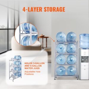 4 tiers water jug holder, 5 gallon water bottle holder, double row water bottle rack for 8 bottles, heavy duty water jug rack for kitchen, office, living room, silver