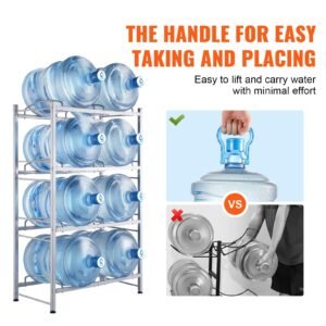 4 tiers water jug holder, 5 gallon water bottle holder, double row water bottle rack for 8 bottles, heavy duty water jug rack for kitchen, office, living room, silver