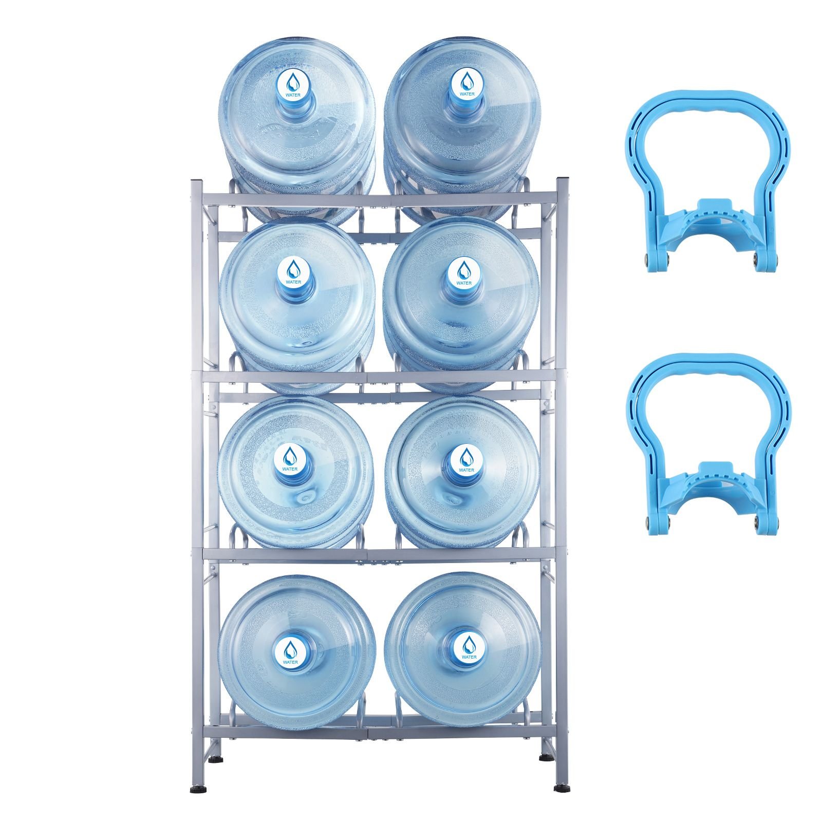 4 tiers water jug holder, 5 gallon water bottle holder, double row water bottle rack for 8 bottles, heavy duty water jug rack for kitchen, office, living room, silver
