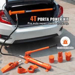 4 ton porta power kit, portable hydraulic jack with 3.9 ft/1.2 m oil hose, auto body frame repair kit with storage case for car repair, truck, farm (8800 lbs)