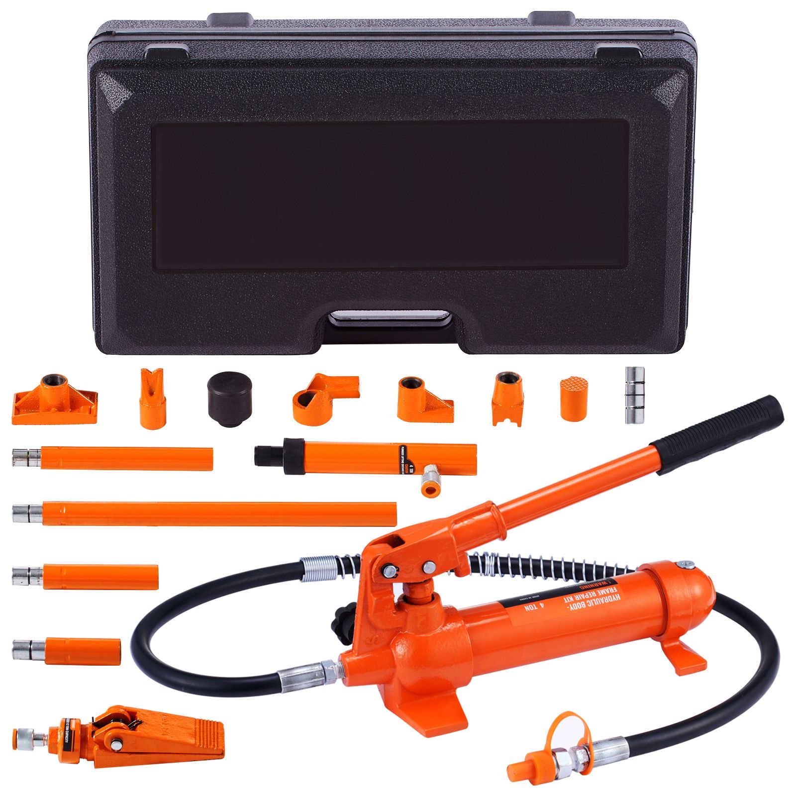 4 ton porta power kit, portable hydraulic jack with 3.9 ft/1.2 m oil hose, auto body frame repair kit with storage case for car repair, truck, farm (8800 lbs)