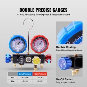 4 way ac gauge ac manifold gauge set for r134a r22 r12 r410a refrigerant, freon gauges with 5ft hoses, couplers, can tap works on car auto freon charging and evacuation